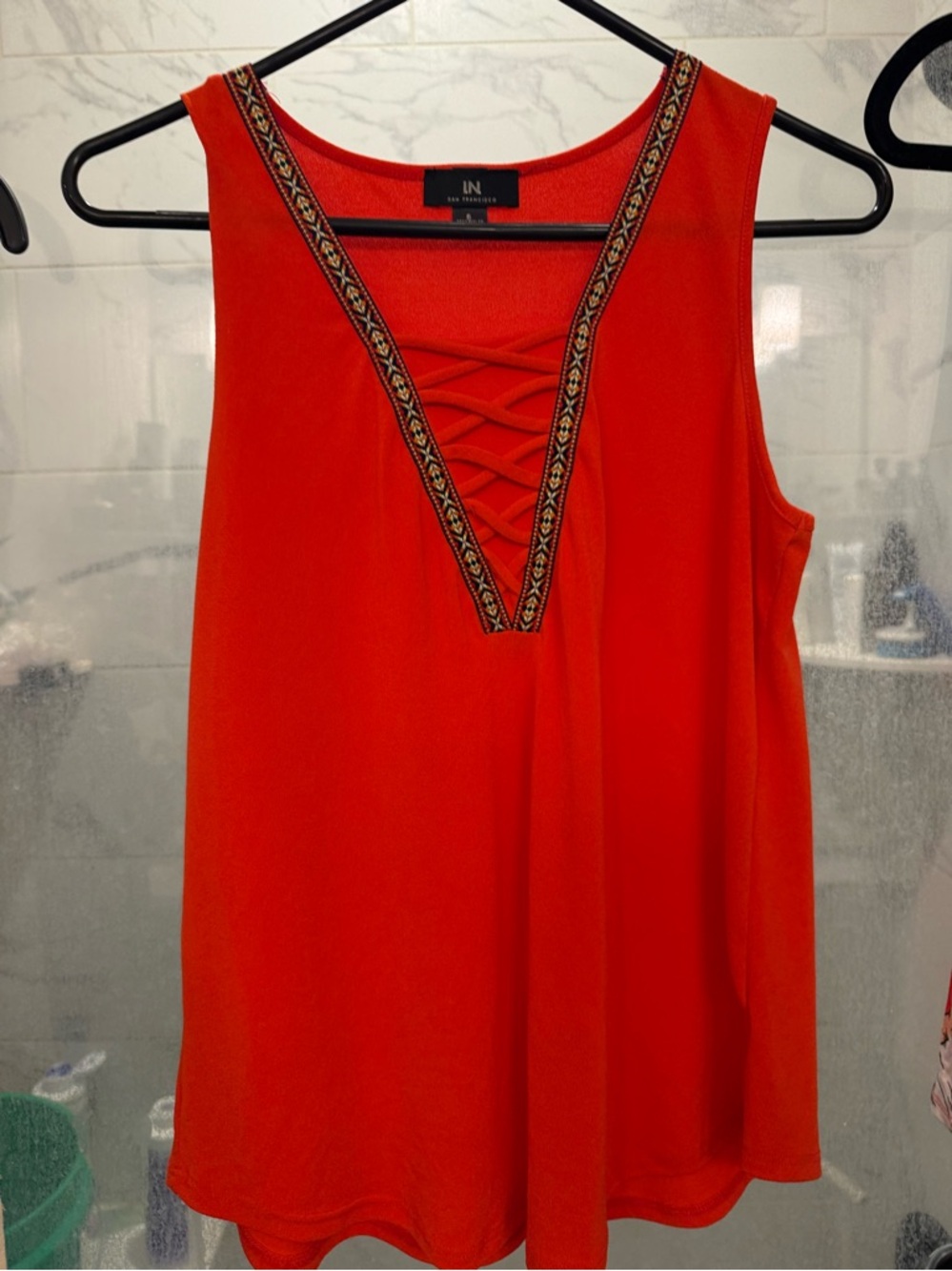 INC International Concepts Bright Red Lace-Up Tank with Embellished Trim